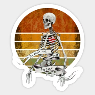 Human skeleton, gothic, red heart beat for ever, sunset vintage, cool, anatomy art Sticker